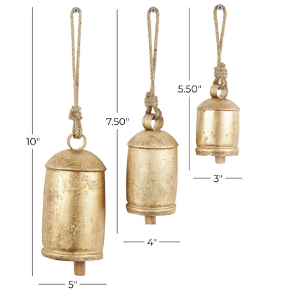 Deco 79 Gold Metal Tibetan Inspired Decorative Giant XL Cow Bells with Jute Hanging Rope, Set of 3 10",8",6"H - Cylindrical