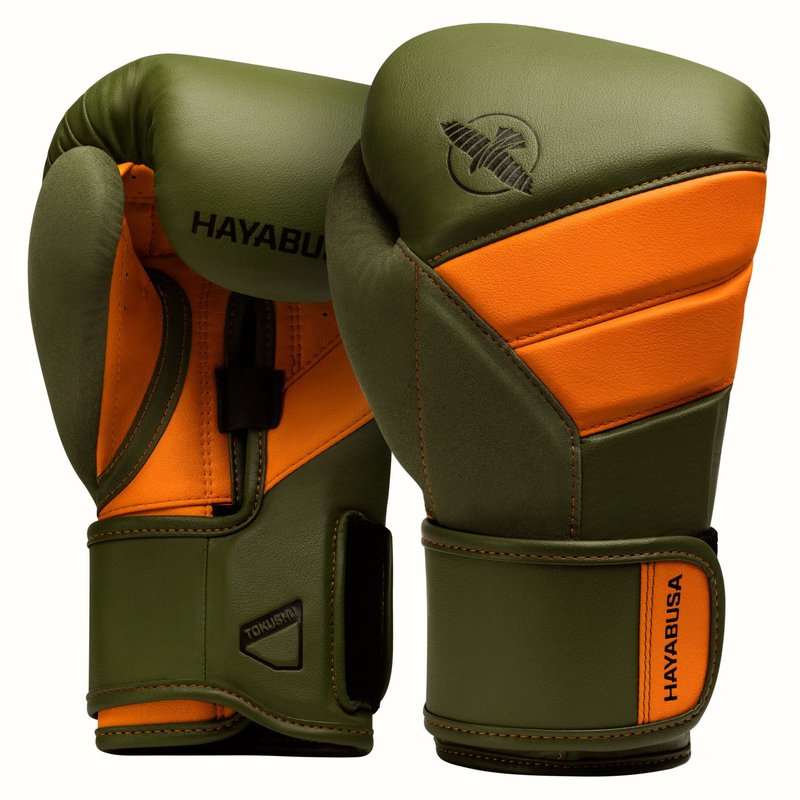 Hayabusa T3 Boxing Gloves for Men and Women Wrist and Knuckle Protection, Dual-X Hook and Loop Closure, Splinted Wrist Support, 5 Layer Foam Knuckle Padding - Green/Orange, 14oz