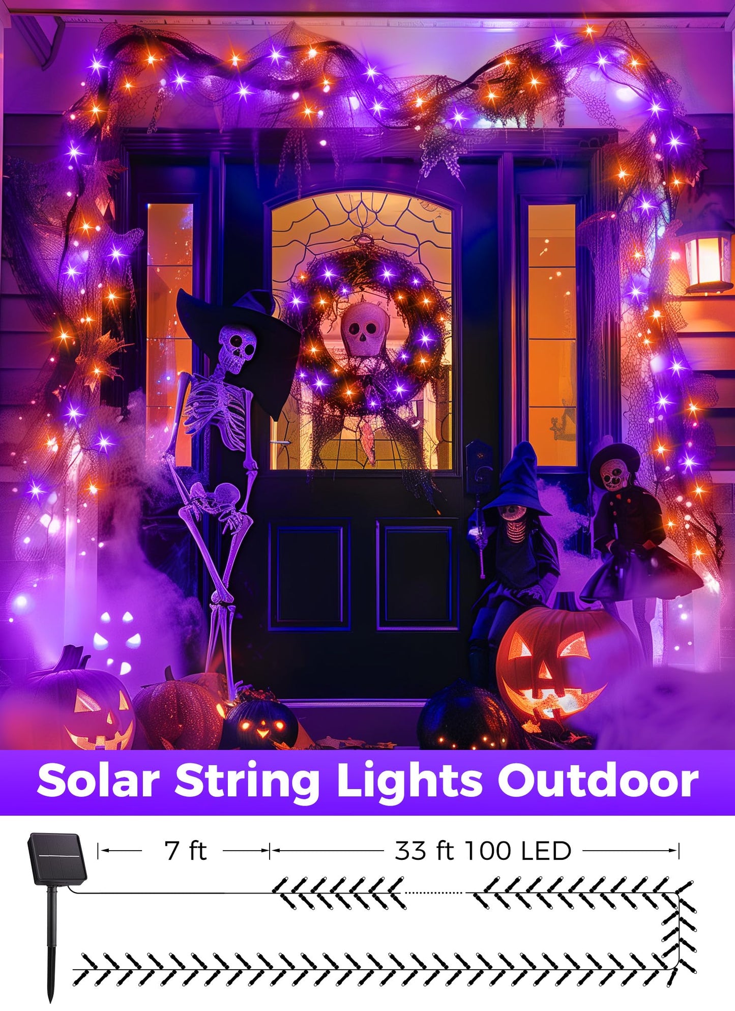Minetom Solar Halloween Lights Outdoor, 40FT 100 LED Halloween String Lights with 8 Modes, Halloween Decoration Outdoor, Waterproof Solar String Lights for Outside Tree Yard Party, Orange & Purple