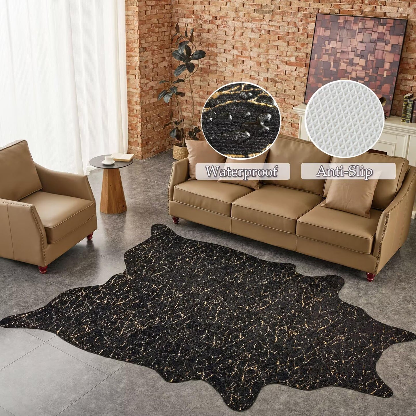 Premium Faux Fur Cowhide Rug,Large Carpet Non-Slip Cow Print Rugs,Suitable for Bedroom Living Room Western Decor,Faux Fur Animal Cow Hide Carpet-Black and Gold-6.3 * 9FT(75 * 110inch)
