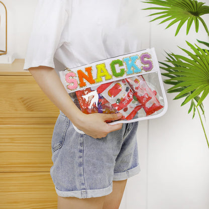 DYSHAYEN Snack Bag for Travel,Chenille Letter Clear Zipper Pouch,Nylon Clear Cosmetic Bag,Preppy Makeup Travel Bag for Women (White-Snacks)