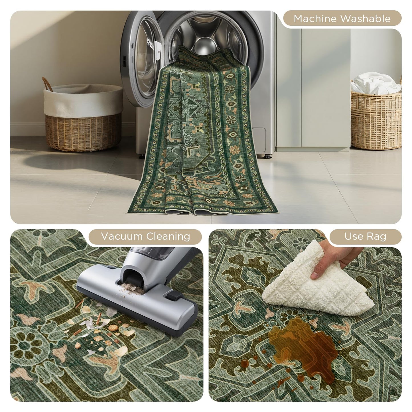 Joydeco Area Rugs 6'x9' Washable Non-Slip, Floral Vintage Distress Medallion Carpet for Living Room Bedroom Dining Room, Green&Beige&Dark Gray