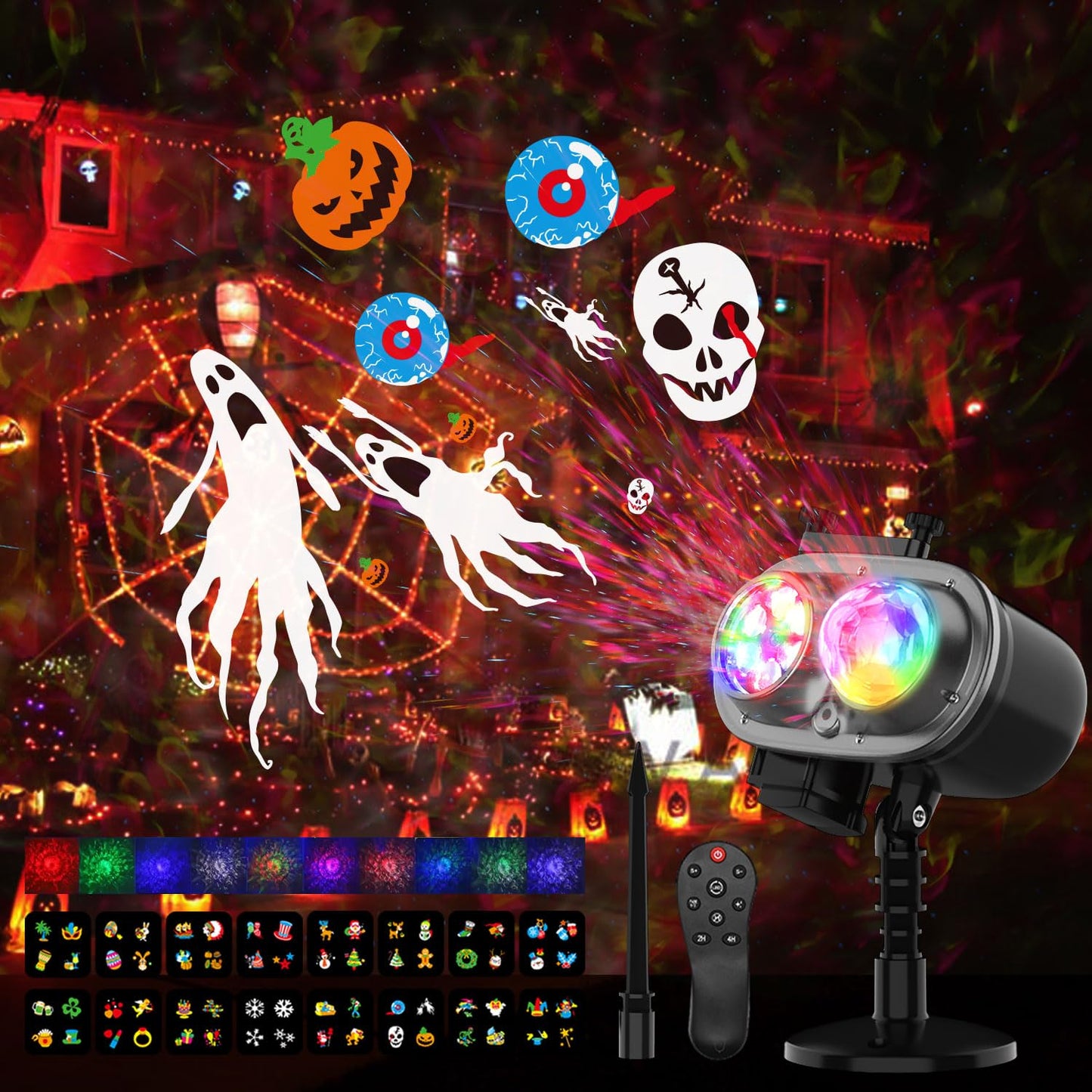 Halloween Slide Show Outdoor Holiday Projector, 2 in 1 Water Wave Outside Projector Lights Christmas with Dynamic 16 HD Patterns for House, Garden, Yard, Xmas, New Year, Thanksgiving Day