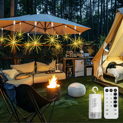 Tiandirenhe Hanging Starburst Light,112 LED Firework Fairy Starburst String Lights Hanging Star Lights with Remote, 8 Lighting Modes Operated, Starry Light for Garden Party Christmas (Warm White)