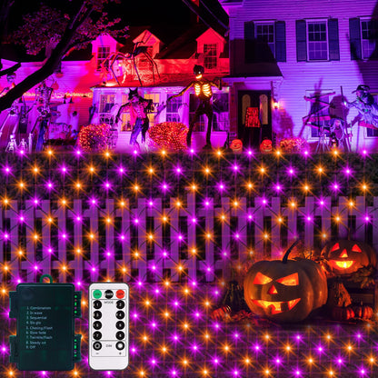 echosari Halloween Net Lights Battery Operated, 5ft ×5ft 100 LED Net Lights with Remote Timer Dimmable Garden Mesh Lighting for Bush Fence Wall Party Decor (Purple Orange)