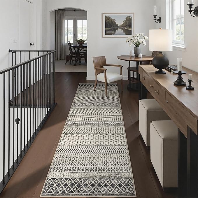 Moroccan Hallway Runner Rug, 2'6''x8' Ktchen Rugs Non Slip Washable, Low-Pile Distressed Bathroom Runner Rug Black Rugs for Bedroom Bathroom Kitchen Entryway Laundry Room