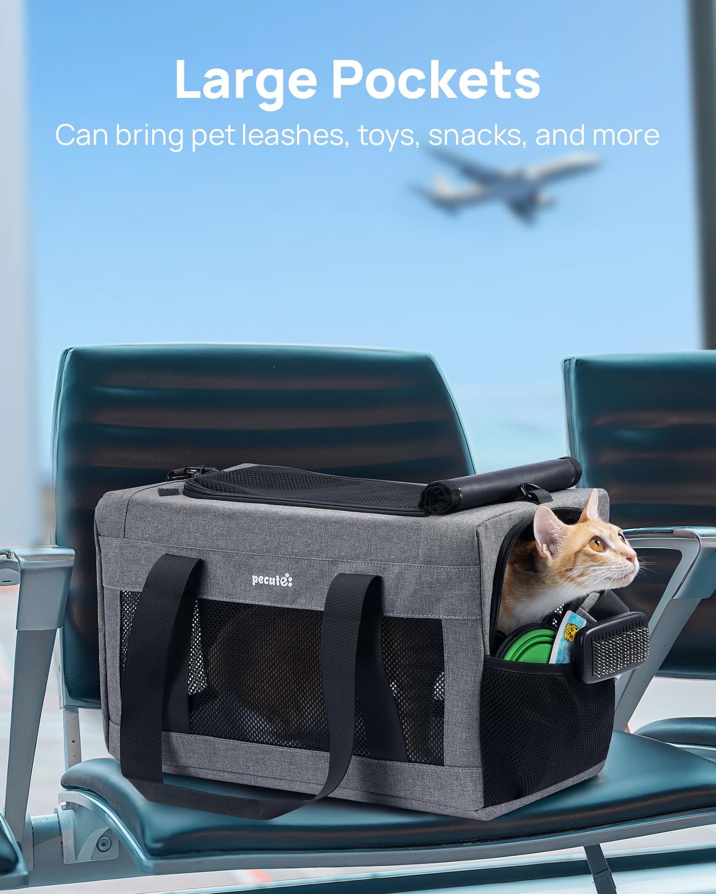 pecute® Cat Carrier Airline Approved, Extra Stable Cat Carrier Handbag, Portable Dog Carrier, Breathable Mesh Fabric Bag for Pets, Pet Carrier Suitable for Both Long And Short Trips Grey