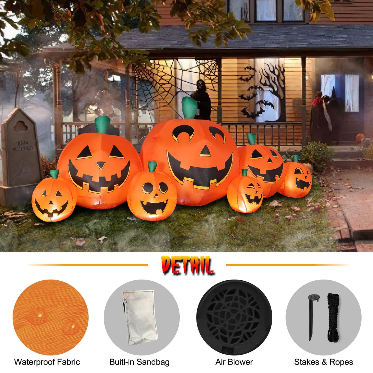 Halloween Inflatable Pumpkin Outdoor Decoration, 8.5FT Long Inflatable Pumpkin Lanterns with Build-in LED Lights, Blow Up 7 PCS Pumpkins Patch for Halloween Party Indoor Garden Lawn Yard Decor