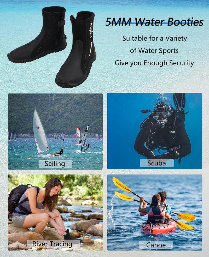 Skyone Neoprene Dive Boots, Men's & Women's 5MM Wetsuit Surf Booties, Tall Zippered Anti-Slip Rubber Sole Scuba Boots, Diving Booties for Sailing Snorkeling (Black, Mens 9 / Womens 10)