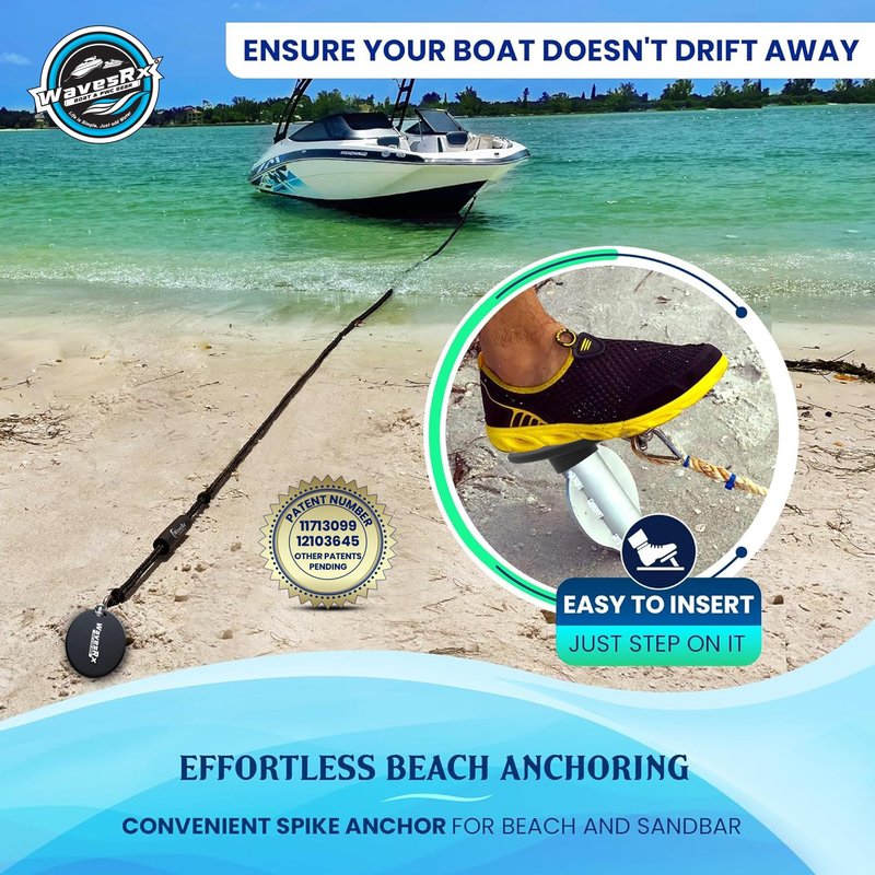 WAVESRX Patented Aluminum Spike Beach Anchor | Ultra-Light PWC, Jet Ski & Sand Anchor for Boat, Pontoon & Kayak Secure Anchoring Near Shore, Sand-bar or in Shallow Water with Intelligent Design