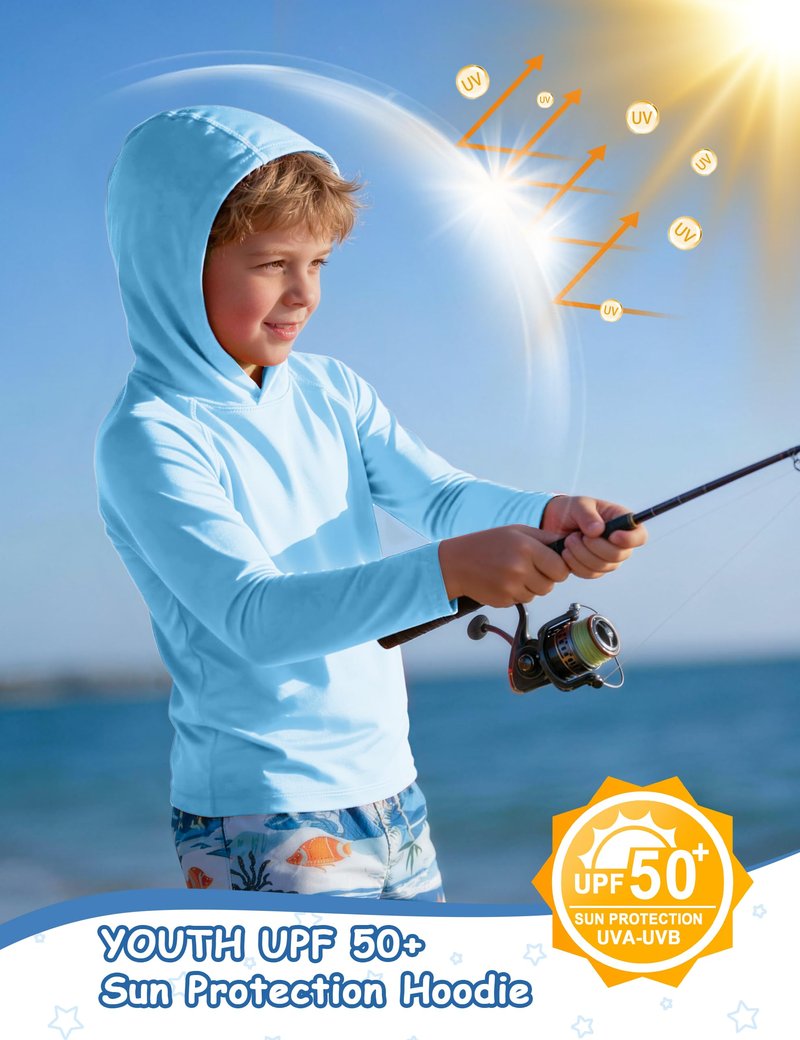 DRONIRING Boys Hooded Long Sleeve Rash Guard Swim Shirt, Youth Kids Girls Toddler UPF 50+ Fishing Shirt, UV Sun Protection Quick Dry Fishing Hiking Water Beach Hoodies