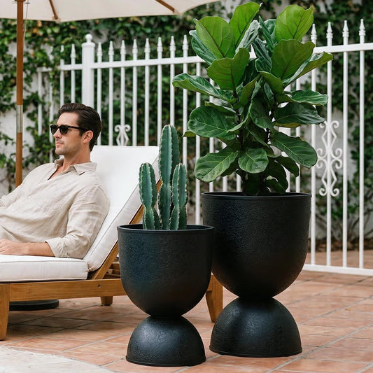 KOL Planters Flower Pots, Large Plastic Urn Planters for Indoor Outdoor Plants, Black Pedestal Planter 2 Pack, 18 Inch+23 Inch, Tall Decorative Planters with Drainage Holes & Plugs for Porch Garden