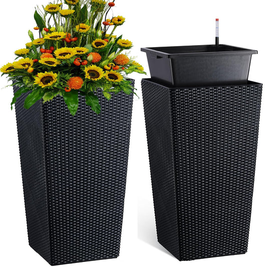 Tall Wicker Planter with Insert Set of 2-Self Watering Large Tall Rattan Planter Pots for Indoor and Outdoor 22.5 Inch,Wicker Flower Pots for Front Door,Porch and Patio in White/Black/Brown