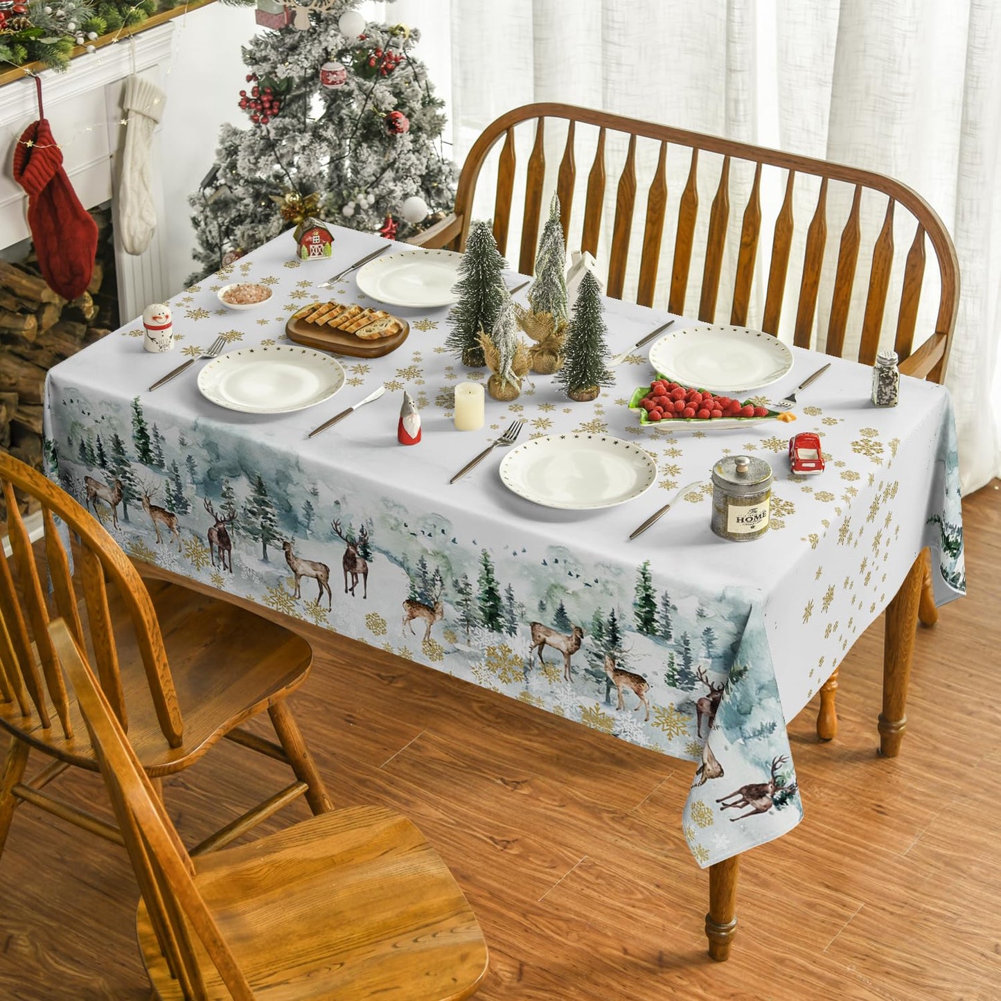 Horaldaily Christmas Tablecloth 60×84 Inch, Golden Snow Deers Washable Table Cover for Party Picnic Dinner Decor