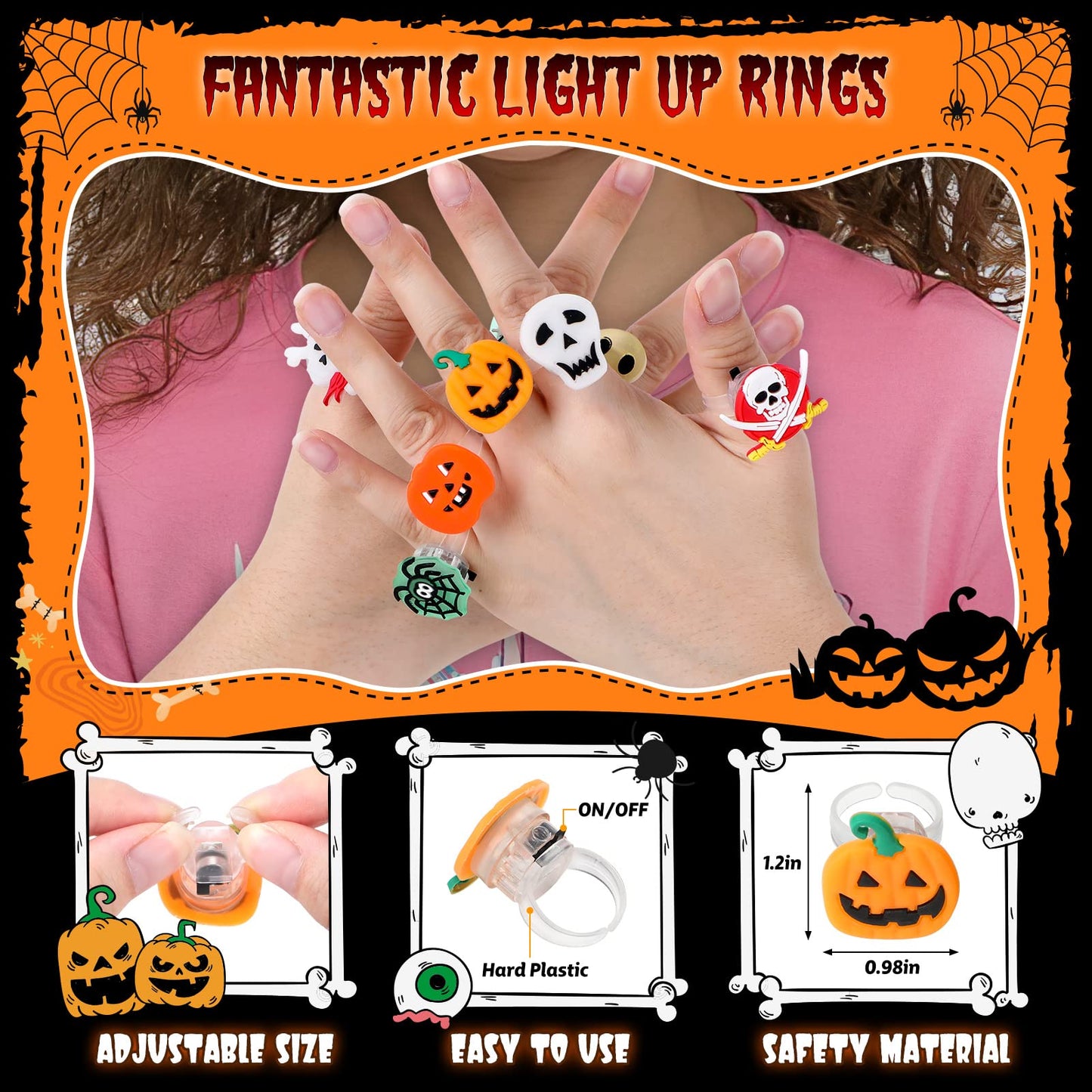 50 Pcs LED Flash Light Up Rings - Halloween Toys for Kids, Party Favors & Goodie Bag Fillers