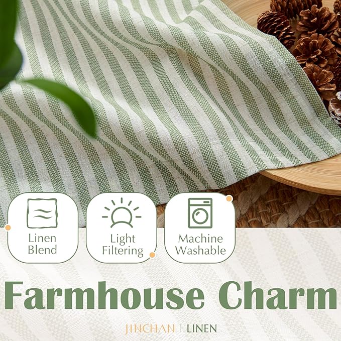 jinchan Linen Kitchen Curtains 36 Inch Length Striped Tier Curtains Ticking Stripe Small Drapes for Living Room Bathroom Cafe Small Window Farmhouse Rustic Pinstripe Rod Pocket 2 Panels Sage Green
