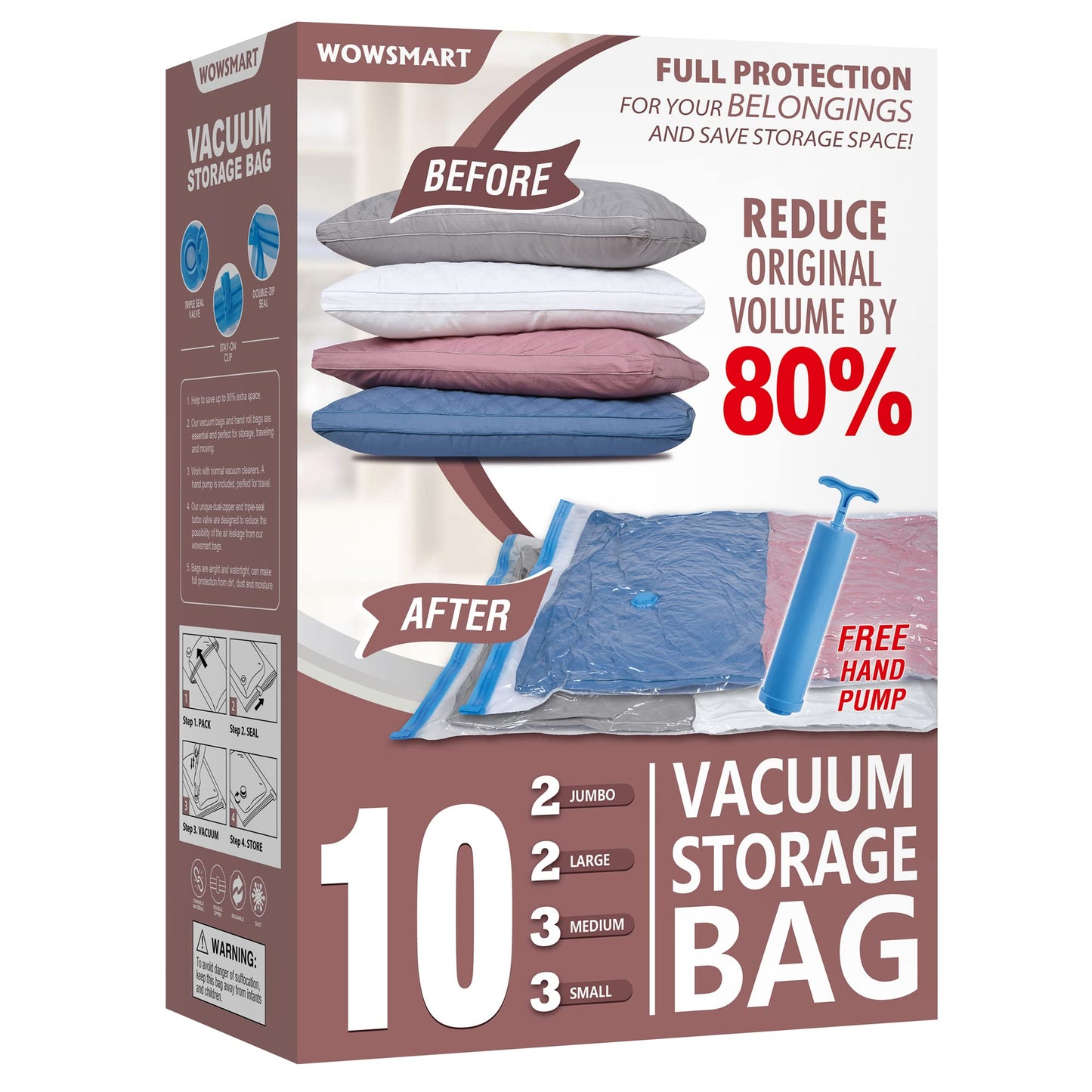 10 Space Saver Vacuum Sealed Storage Bags (2 Jumbo/2 Large/3 Medium/3 Small) with Hand Pump, Seal Bags for Clothing, Comforters, Pillows, Towel, Blanket Storage, Bedding