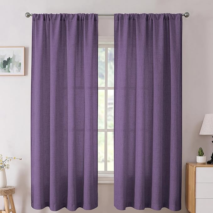Tollpiz Short Linen Curtain Bedroom Rod Pocket Semi Sheer Curtains Burlap Light Filtering Thick Linen Drape for Living Room, 38 x 54 inches Long, Royal Purple, Set of 2 Panels