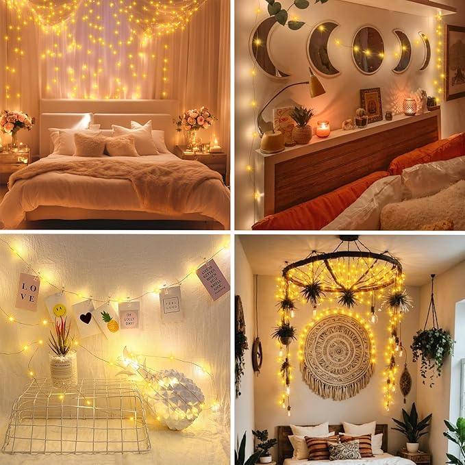 2 Pack Fairy Lights Battery Operated, 200 LED 66Ft Silver Wire Twinkle String Light 8 Modes Auto Timer Mini Christmas Fairy Lights for Bedroom Wedding Decor (Warm White)