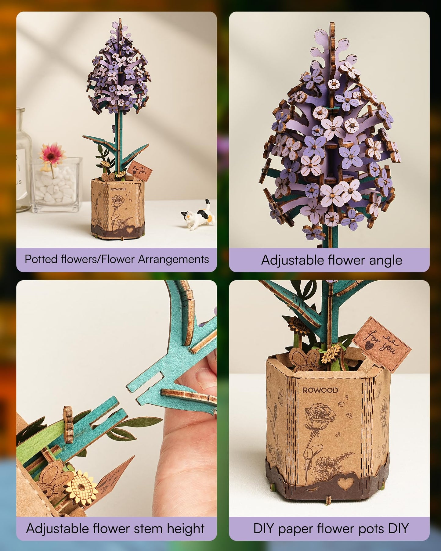 ROWOOD 3D Puzzle DIY Wooden Flower, Artificial Flowers Model Kits to be Assembled, Craft Set for Adults, Best Home Décor and Valentine Toy Gift Kit