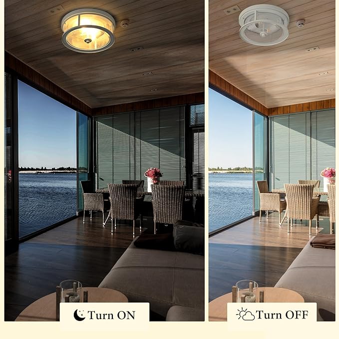 White Flush Mount Ceiling Light Fixture, 2-Light with Seeded Glass White Ceiling Light Fixture for Bedroom, Indoor Outdoor Ceiling Lights for Porch Hallway Kitchen