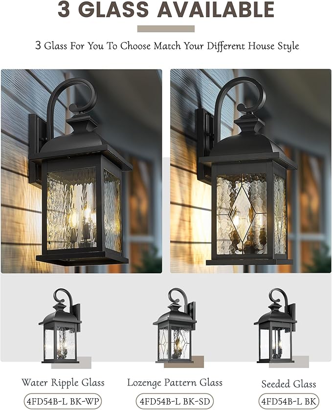 FEMILA 26" Outdoor Wall Light, Large Exterior Wall Lantern with Water Ripple Glass, 3-Light Outdoor Wall Light Fixtures for Entryway, Patio, Garage, and Doorway, E12 Base, 4FD54B-L BK