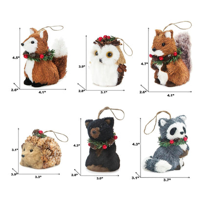 naturevibe Sisal Woodland Animals Christmas Tree Ornaments,Set of 6 Natural Forest Friends with Gift Boxes for Presents,Ornaments Animals as Rustic Home Decorations
