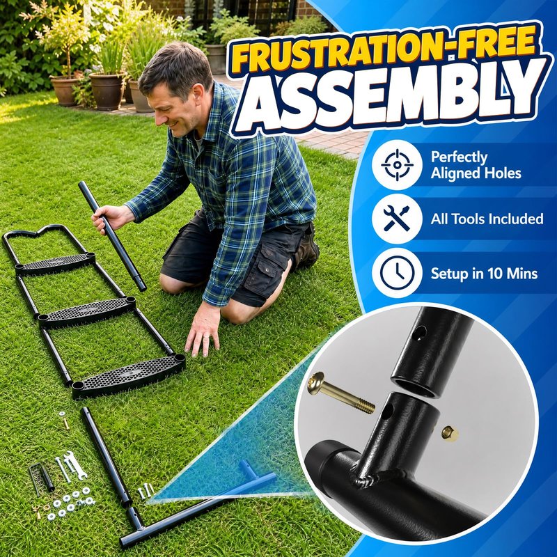 Gardenature Trampoline Ladder 3 Step with Wide Flat Steps, Universal Trampoline Stairs for Kids, Rust-Resistant Heavy Duty Trampoline Accessories for 10 12 14 16 FT Round & Rectangle Frames, Black