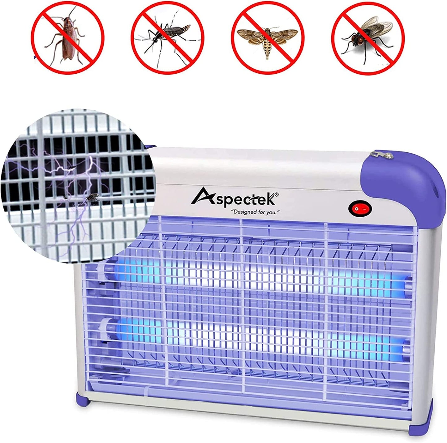 ASPECTEK 20W Indoor Bug Zapper, Powerful UV Bugs Lamp Attract Insects and 2800V Grid Kills Flying Insects, Includes 2 Replacement Insect Killer Lights