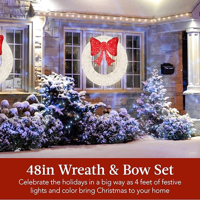 Best Choice Products 48in Pre-Lit Outdoor Christmas Wreath Decoration, LED Metal Holiday Decor for Home w/ 140 Lights, Bow - White/Red