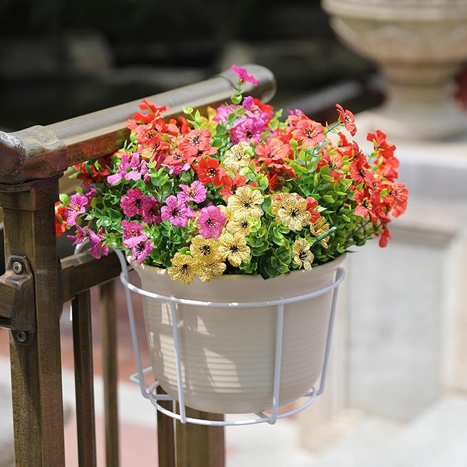 Outdoor Artificial Flowers, 8 Bundles Fake Flowers Autumn Decoration, No Fade Faux Plastic Shrubs for Garden Patio Porch Window Box Fall Decor (Fuchisa,Rose Yellow,Red)