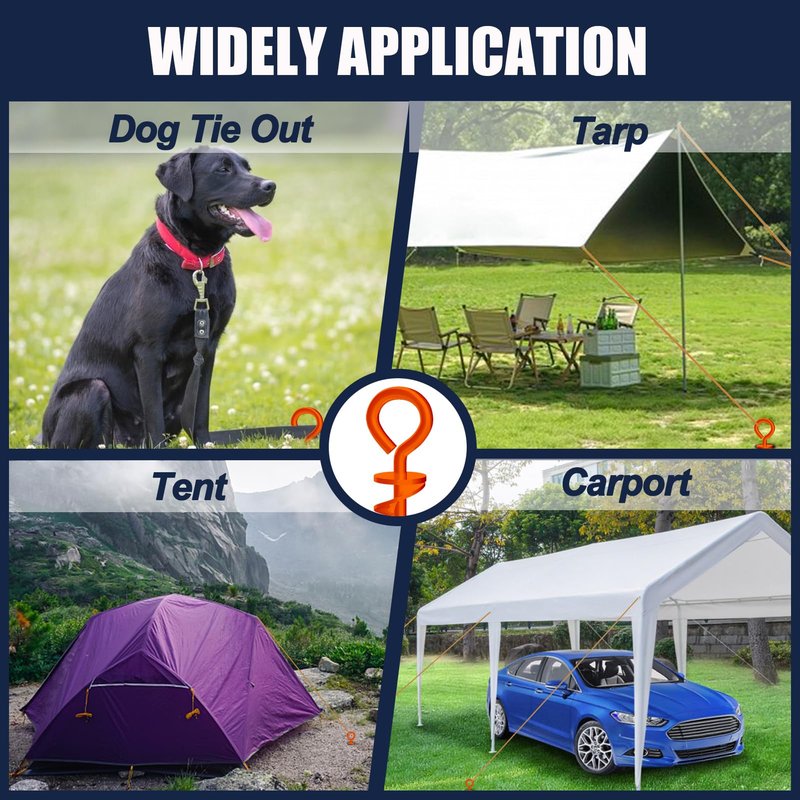 Eurmax USA 4 Pack Heavy Duty Ground Stakes,Industrial Grade Spiral Steel Screw-in Anchors with 4 Bonus Tie-Down Ropes,High Wind Stabilizing Kit for Trampolines,Dog Tie-Out,Canopy Tents,Sheds,Orange