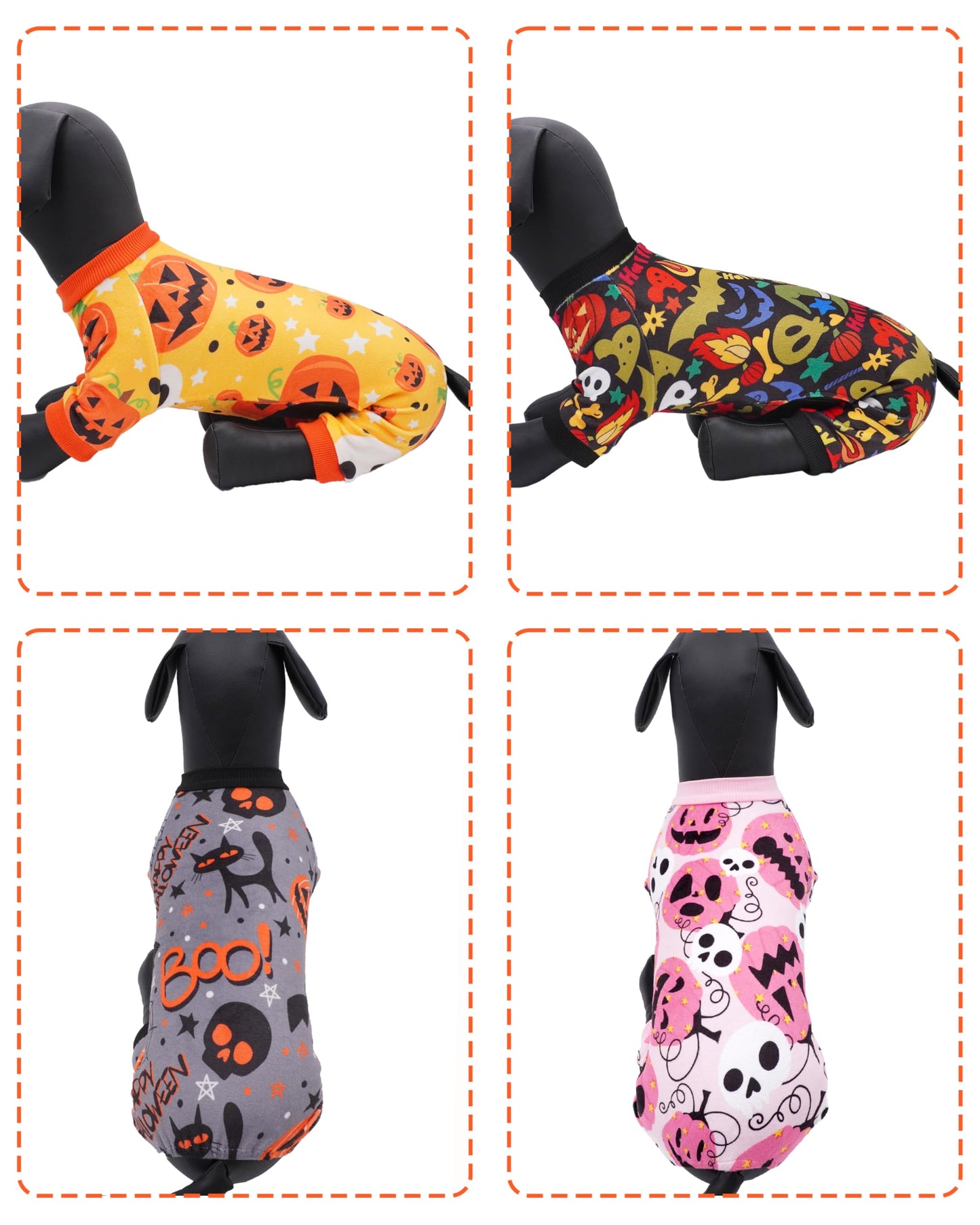 PET SHOW 4 Pack Halloween Small Dog Pajamas for Doggie Puppy Cats Kitten Onesies Pumpkin Ghost Soft Fleece Stretchy Jumpsuit Costume Boy Girl Pets PJs with Sleeve Clothes(S)