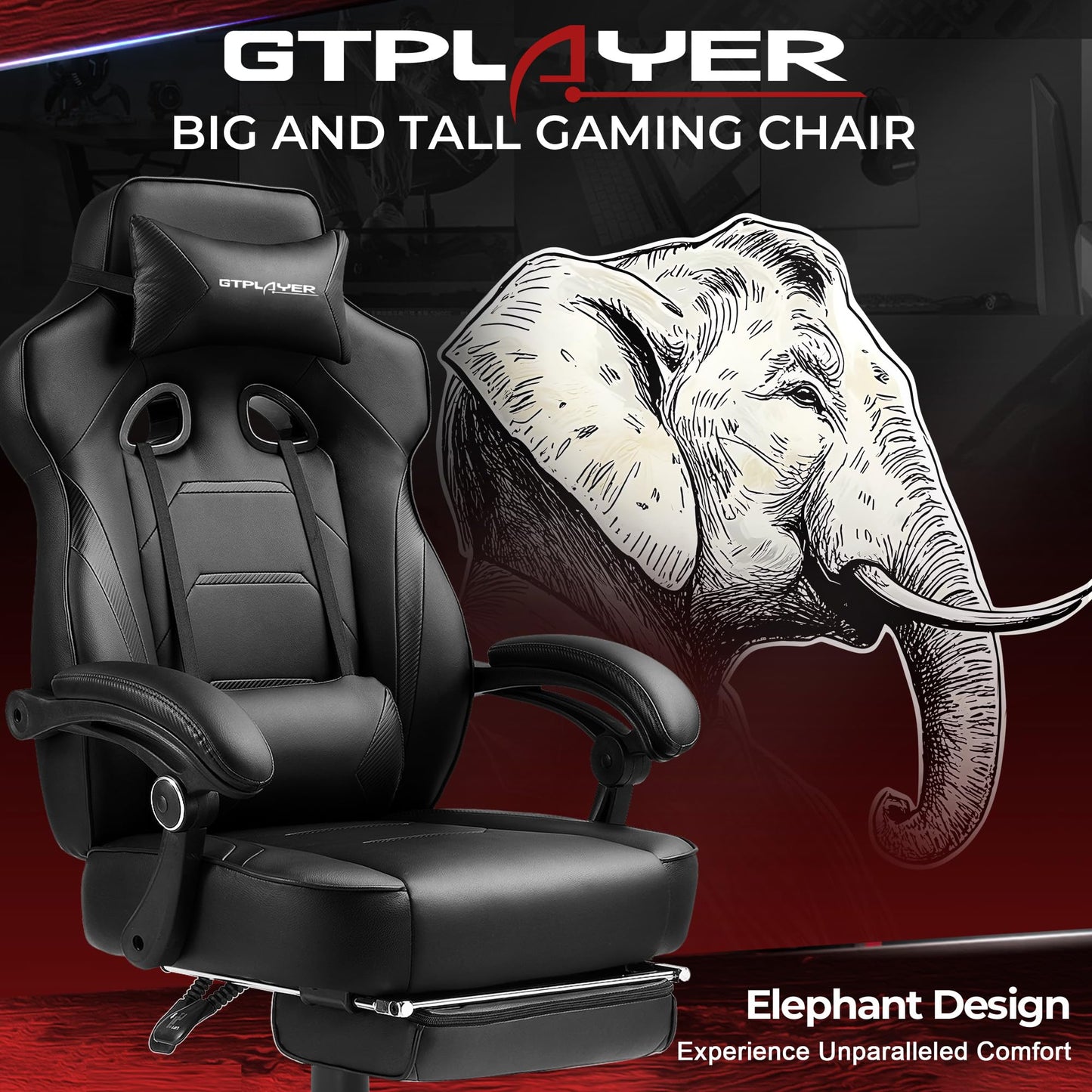 GTPLAYER Gaming Chair with Footrest, Big and Tall Computer Game Chair 350lb Racing Style, Ergonomic High Back Lumbar Support and Recliner, Black