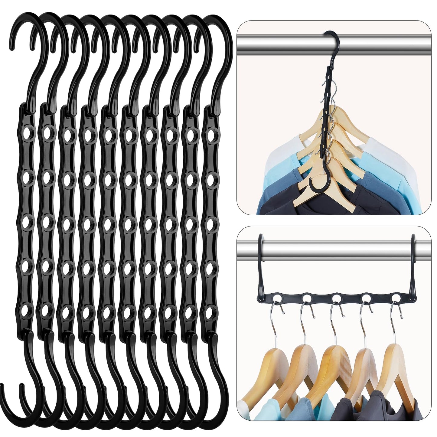HOUSE DAY Black Magic Space Saving Hangers 10 Pack, Premium Smart Hanger Hooks, Sturdy Cascading Hangers with 5 Holes for Heavy Clothes, Closet Organizers and Storage, College Dorm Room Essentials