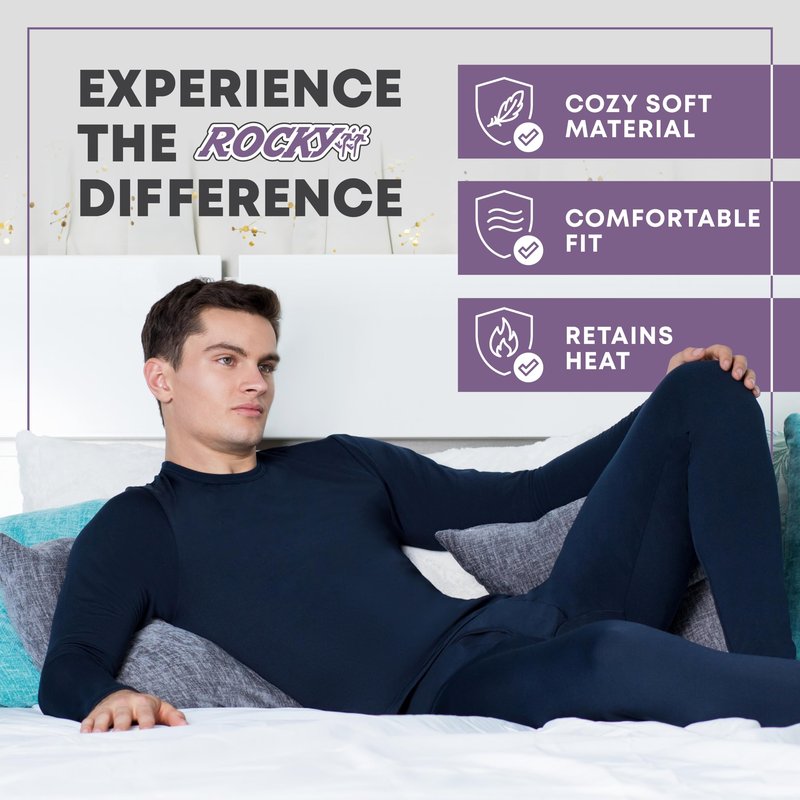 Rocky Thermal Underwear Men Long Johns Men Thermal Underwear Thermals Mens Base Layer Mens Thermals Top and Bottom Set (Black, Large, Standard Weight - 185 GSM, One Pack)