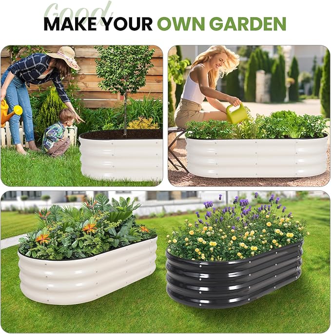 G GOOD GAIN Raised Garden Beds - 4x2x1ft Galvanized Planter Boxes Kit with Protective Tape & Gloves & Tools | Oval Metal Outdoor Raised Bed for Gardening Vegetables, Fruits, Flowers, Herbs, White