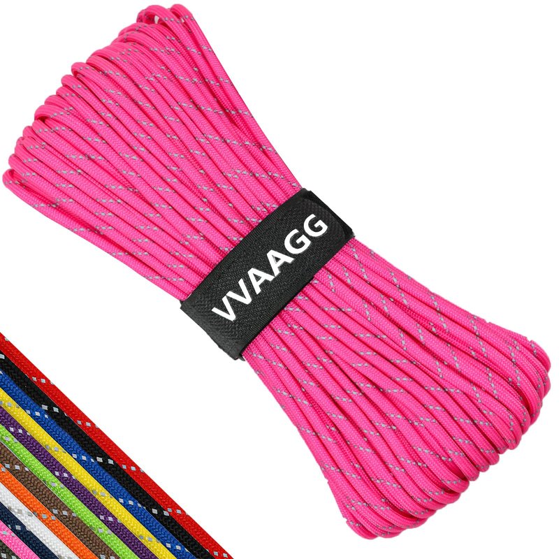 VVAAGG Pink Reflective Paracord Rope 100FT, 7 Strand Nylon para Cord Lanyard Utility 550 Parachute Cord, 4mm Thin Tent Rope for Outdoor Camping Hiking (Pink)