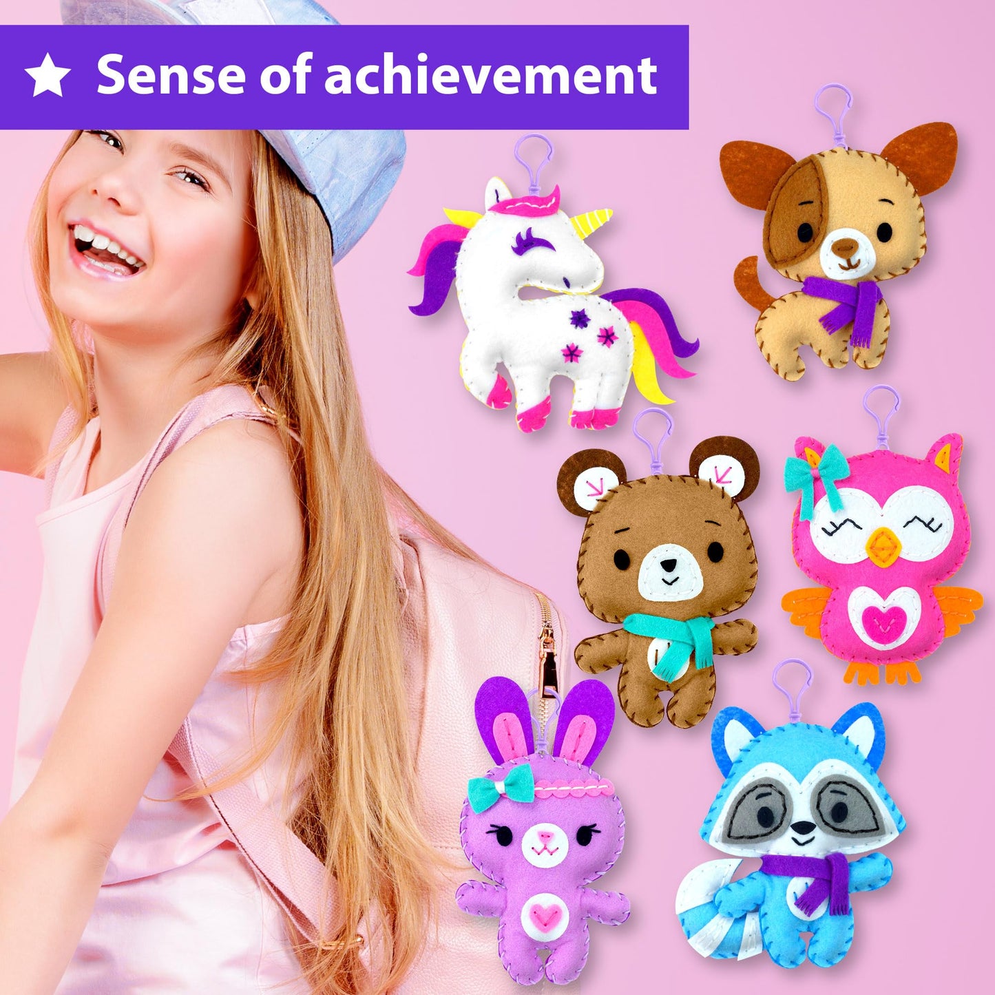 KRAFUN Unicorn Sewing Keyring Kit for Kids Ages 7-12, Beginner Craft Set with 6 Stuffed Dolls (Bear, Dog, Rabbit, Raccoon, Owl, Unicorn), Felt Materials, Embroidery Supplies, Instructions