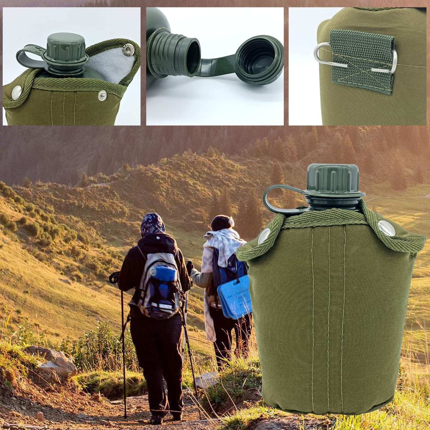 Plastic Military Canteen, 1 Quart Portable Army Water Bottle with Cup Sleeves and Waist Belt for Hiking Camping Climbing and Most Outdoor Activities