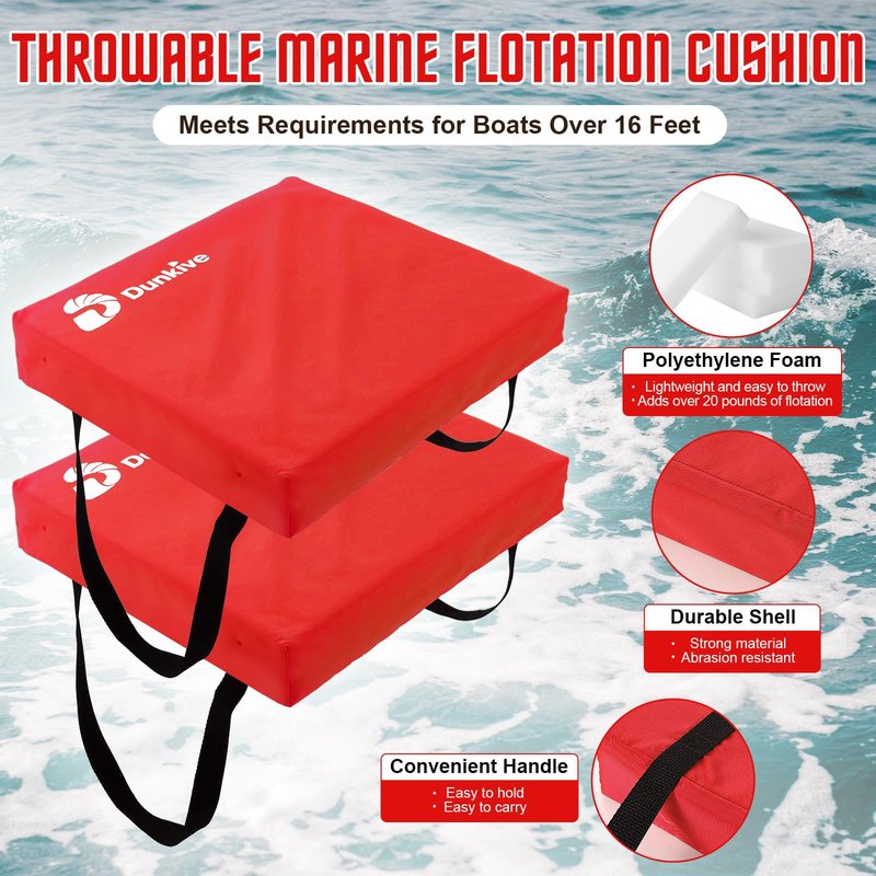 Dunkive 2 Pack Boat Throw Flotation Cushion, USCG Approved, Emergency Marine Throwable Flotation Device, Foam Boat Cushions Life Preserver, Throw Cushions for Boats, Kayaks, Canoes(Red)