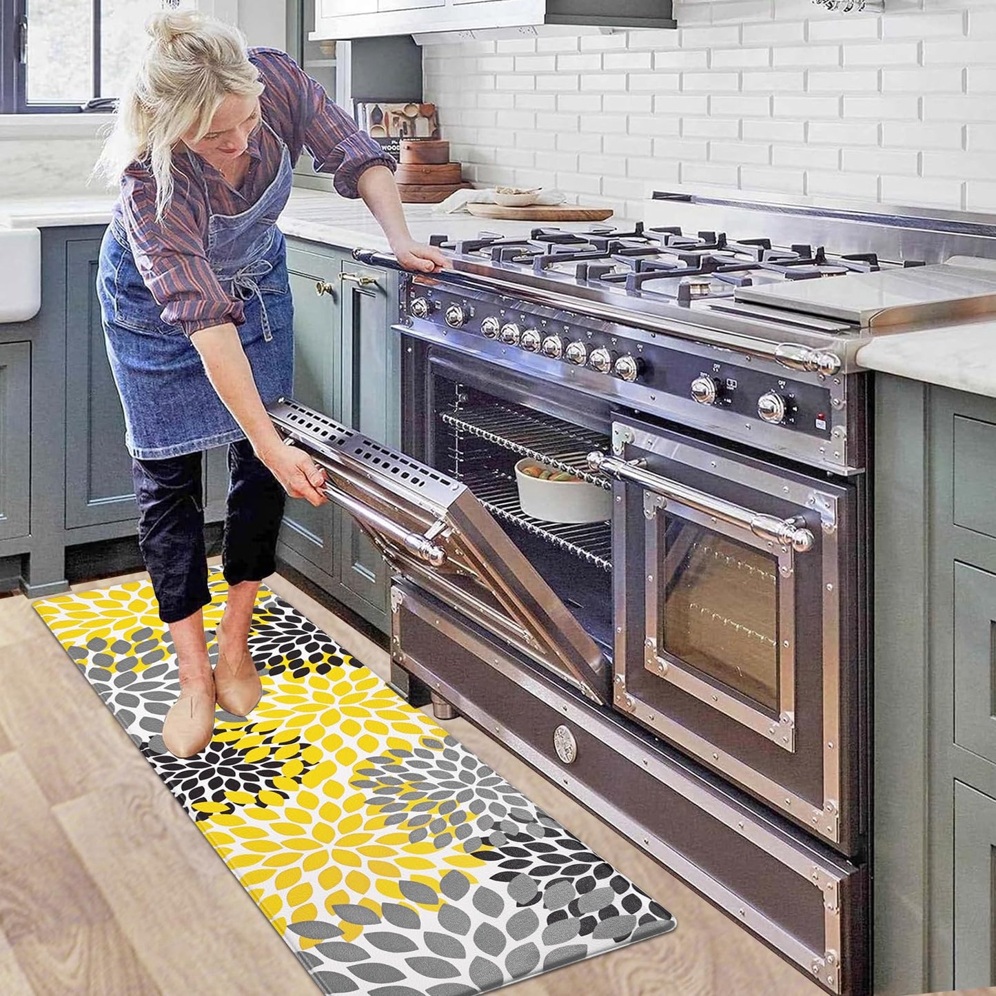 Likiyol Kitchen Mats for Floor Anti-Fatigue Comfort Kitchen Rugs, Boho Flower Cushioned Waterproof Kitchen Decor Mat Thick, 18''x60'', Yellow