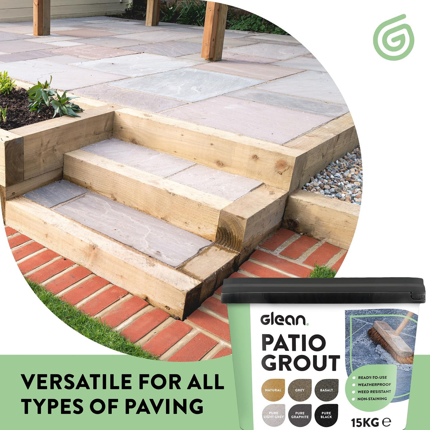 GLEAN Patio Grout | NATURAL | 15kg - 20m² Coverage | Jointing Compound | Brush In Patio Grout For Paving Patios & Block Paving | Self Setting All Weather Application | Ready Mixed