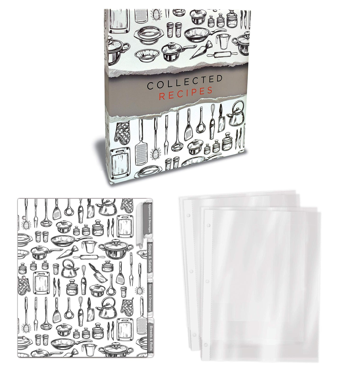 Better Kitchen Products Recipe Binder, Full Page 3 Ring Standard Binder Organizer Set (with 50 Page Protectors & 12 Category Divider Tabs) 11.5" x 12" Sleek Kitchen Design
