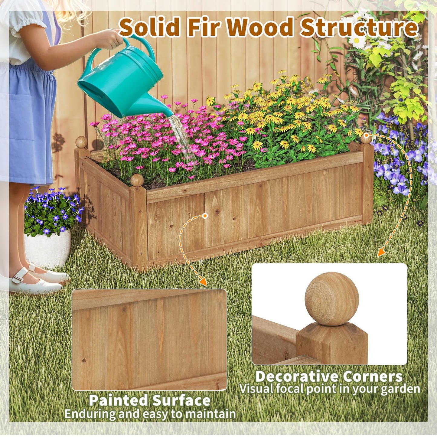 HAPPYGRILL Wood Raised Garden Bed, 46” x 24” x 16” Rectangular Flower Box w/Drainage Holes for Growing Vegetables, Flowers, Herbs, Outdoor Planter Box for Backyard Garden Lawn