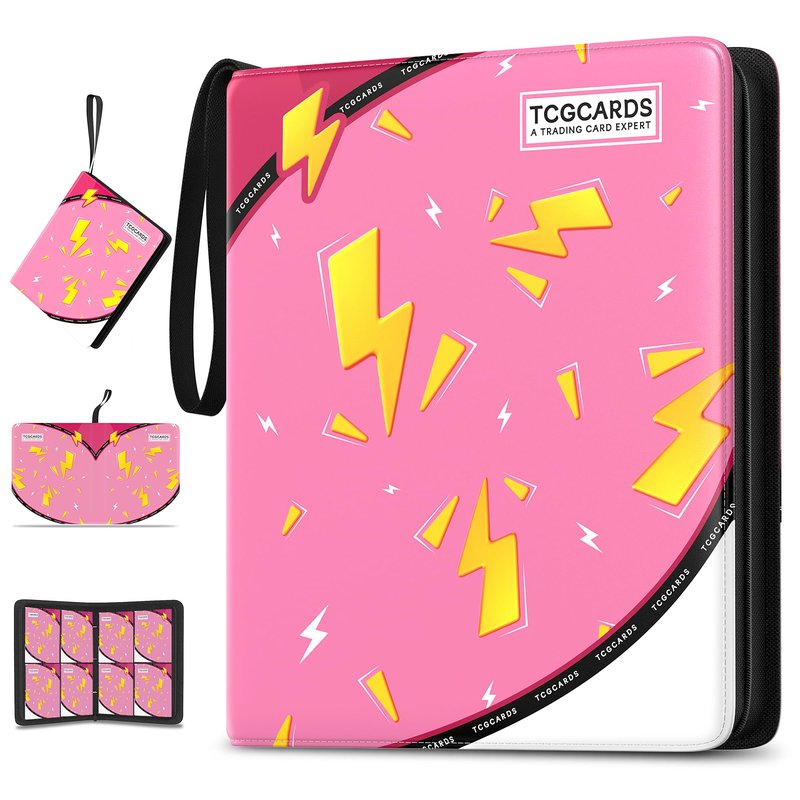Trading Card Binder 4 Pocket,400 Pocket Card Collection Binder with 50 Removable Sleeves,PU Waterproof Top Card Book,3-Ring Zipper Collectible Trading Card Album for MTG/TCG/Card Holder Gift（Pink）