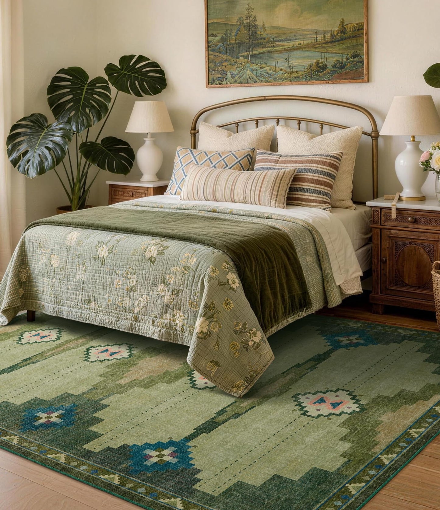 YIHOUSE Mid Century Modern Rugs for Living Room, 8x10 Green Rug No-Slip Southwestern Large Area Rug Washable Rugs for Bedroom, Dining Room