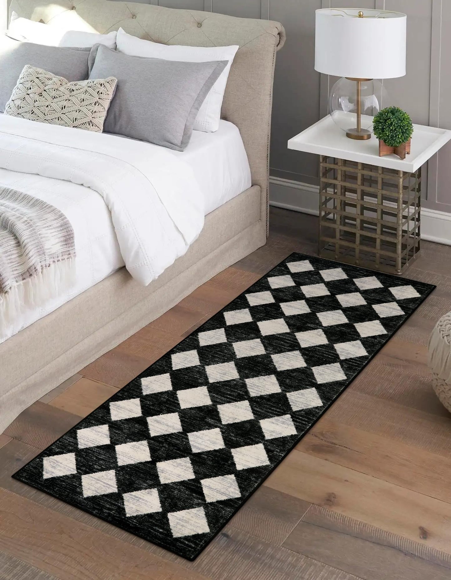 Lahome Zelie Moroccan Trellis Runner Rug - 2x6 Washable Black Bathroom Runner Rug Laundry Room Carpet Runners, Modern Soft Non Slip Indoor Floor Accent Mat for Bedside Kitchen Hall Bar Entryway RV
