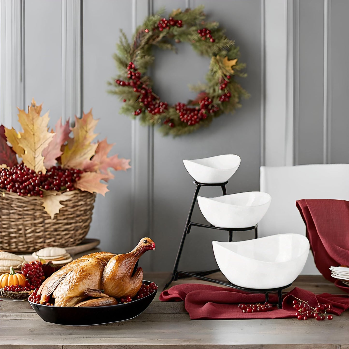 Gomakren 3 Tiered Oval Serving Bowl With Collapsible Metal Rack, Chip and Dip Serving Set, Dessert Appetizer, Candy, Fruit, Vegetable Bowl Set, Halloween Serving Bowls For Entertaining (Black Stand)