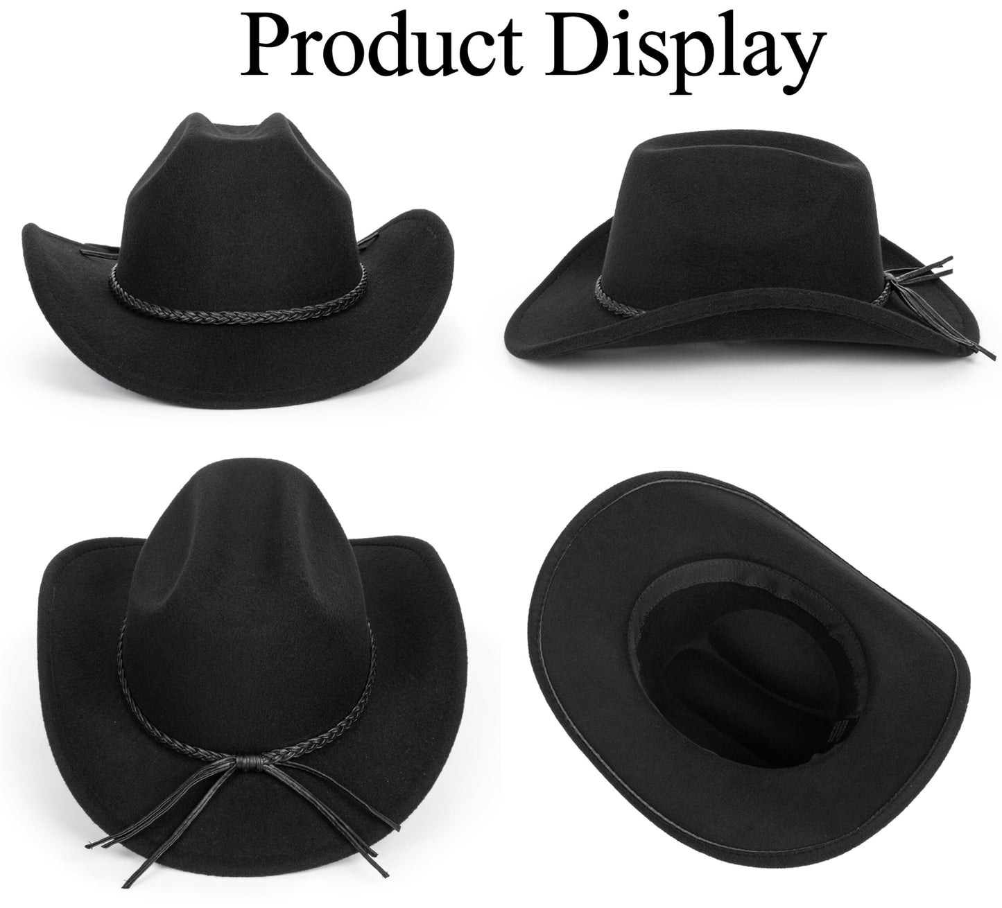 Retro Western Cowboy Hat for Men Women, Wide Brim Felt Cowgirl Fedora Hats with Braided Rope Band M